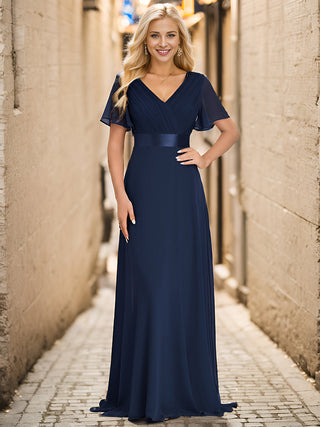Commercial Short Sleeve Ruffle V-Neck Pleated A-Line Floor Length Bridesmaid Dresses