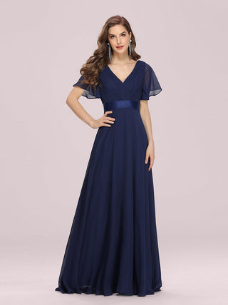 Commercial Short Sleeve Ruffle V-Neck Pleated A-Line Floor Length Bridesmaid Dresses