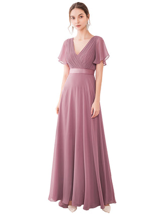 Commercial Short Sleeve Ruffle V-Neck Pleated A-Line Floor Length Bridesmaid Dresses
