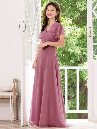 Commercial Short Sleeve Ruffle V-Neck Pleated A-Line Floor Length Bridesmaid Dresses