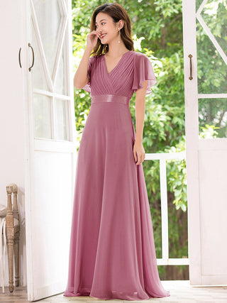 Commercial Short Sleeve Ruffle V-Neck Pleated A-Line Floor Length Bridesmaid Dresses