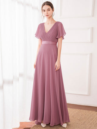 Commercial Short Sleeve Ruffle V-Neck Pleated A-Line Floor Length Bridesmaid Dresses