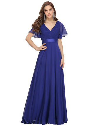 Commercial Short Sleeve Ruffle V-Neck Pleated A-Line Floor Length Bridesmaid Dresses
