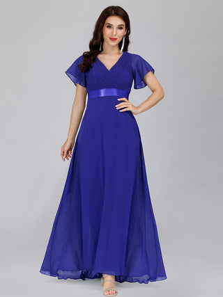 Commercial Short Sleeve Ruffle V-Neck Pleated A-Line Floor Length Bridesmaid Dresses