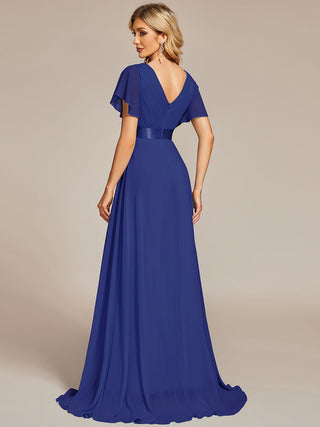 Commercial Short Sleeve Ruffle V-Neck Pleated A-Line Floor Length Bridesmaid Dresses