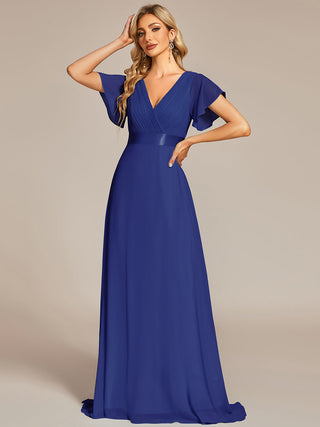 Commercial Short Sleeve Ruffle V-Neck Pleated A-Line Floor Length Bridesmaid Dresses