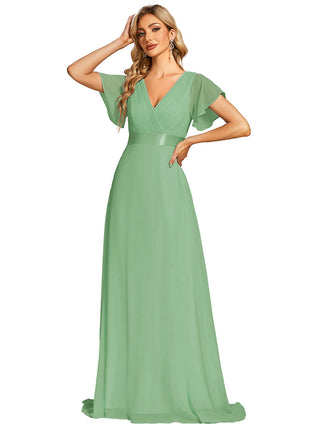 Commercial Short Sleeve Ruffle V-Neck Pleated A-Line Floor Length Bridesmaid Dresses