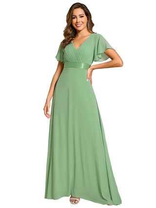 Commercial Short Sleeve Ruffle V-Neck Pleated A-Line Floor Length Bridesmaid Dresses