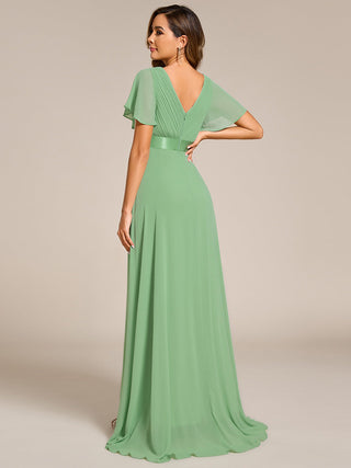Commercial Short Sleeve Ruffle V-Neck Pleated A-Line Floor Length Bridesmaid Dresses