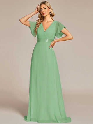 Commercial Short Sleeve Ruffle V-Neck Pleated A-Line Floor Length Bridesmaid Dresses