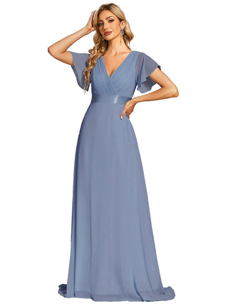 Commercial Short Sleeve Ruffle V-Neck Pleated A-Line Floor Length Bridesmaid Dresses