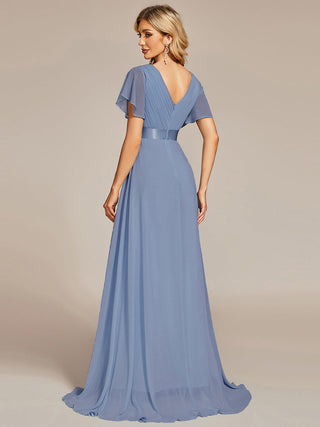 Commercial Short Sleeve Ruffle V-Neck Pleated A-Line Floor Length Bridesmaid Dresses
