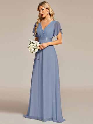 Commercial Short Sleeve Ruffle V-Neck Pleated A-Line Floor Length Bridesmaid Dresses