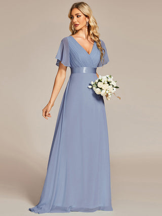 Commercial Short Sleeve Ruffle V-Neck Pleated A-Line Floor Length Bridesmaid Dresses