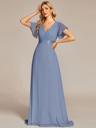 Commercial Short Sleeve Ruffle V-Neck Pleated A-Line Floor Length Bridesmaid Dresses