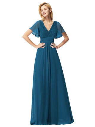 Commercial Short Sleeve Ruffle V-Neck Pleated A-Line Floor Length Bridesmaid Dresses