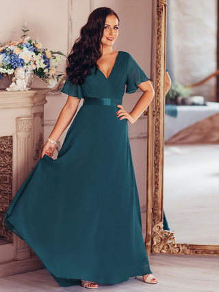 Commercial Short Sleeve Ruffle V-Neck Pleated A-Line Floor Length Bridesmaid Dresses