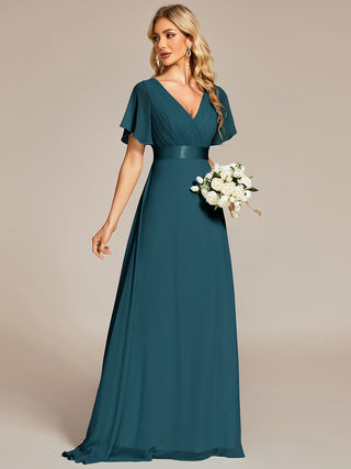 Commercial Short Sleeve Ruffle V-Neck Pleated A-Line Floor Length Bridesmaid Dresses