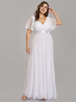 Commercial Short Sleeve Ruffle V-Neck Pleated A-Line Floor Length Bridesmaid Dresses