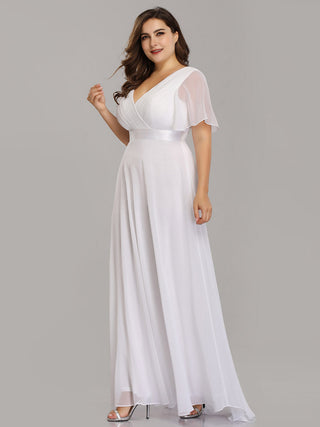 Commercial Short Sleeve Ruffle V-Neck Pleated A-Line Floor Length Bridesmaid Dresses