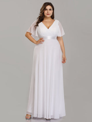 Commercial Short Sleeve Ruffle V-Neck Pleated A-Line Floor Length Bridesmaid Dresses