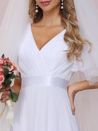 Commercial Short Sleeve Ruffle V-Neck Pleated A-Line Floor Length Bridesmaid Dresses