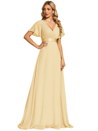 Commercial Short Sleeve Ruffle V-Neck Pleated A-Line Floor Length Bridesmaid Dresses