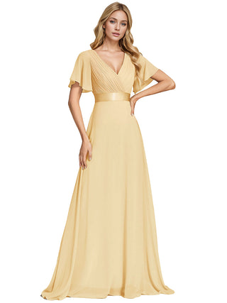 Commercial Short Sleeve Ruffle V-Neck Pleated A-Line Floor Length Bridesmaid Dresses