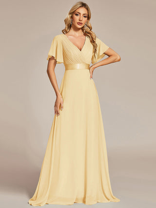 Commercial Short Sleeve Ruffle V-Neck Pleated A-Line Floor Length Bridesmaid Dresses