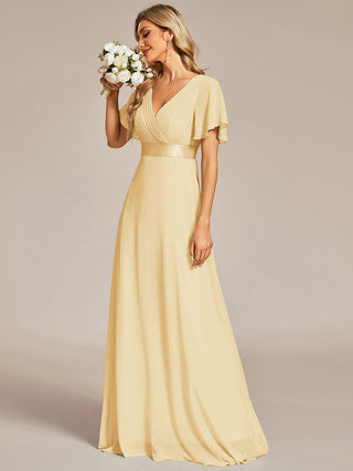 Commercial Short Sleeve Ruffle V-Neck Pleated A-Line Floor Length Bridesmaid Dresses