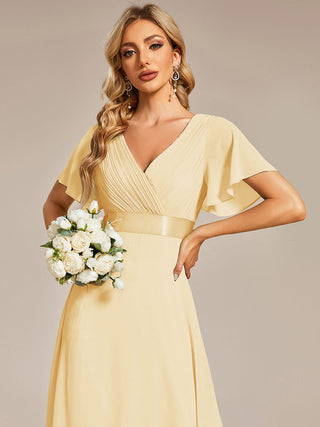 Commercial Short Sleeve Ruffle V-Neck Pleated A-Line Floor Length Bridesmaid Dresses
