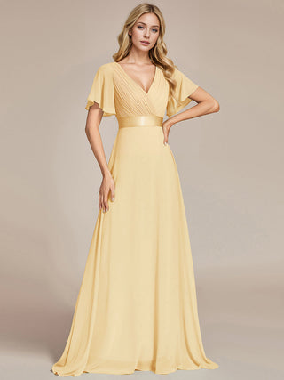 Commercial Short Sleeve Ruffle V-Neck Pleated A-Line Floor Length Bridesmaid Dresses