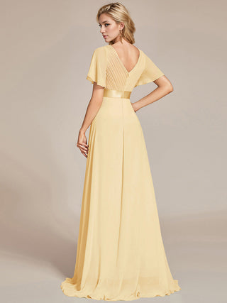 Commercial Short Sleeve Ruffle V-Neck Pleated A-Line Floor Length Bridesmaid Dresses