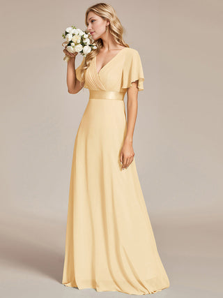Commercial Short Sleeve Ruffle V-Neck Pleated A-Line Floor Length Bridesmaid Dresses