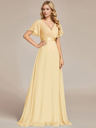 Commercial Short Sleeve Ruffle V-Neck Pleated A-Line Floor Length Bridesmaid Dresses