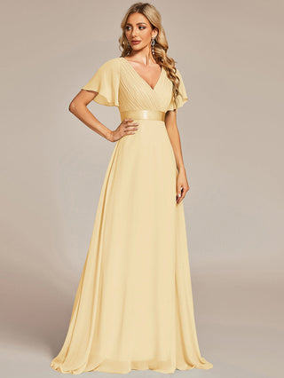 Commercial Short Sleeve Ruffle V-Neck Pleated A-Line Floor Length Bridesmaid Dresses