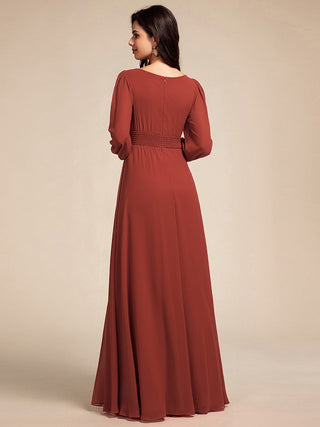 Long Sleeve Pleated Ruched A-Line Floor Length Bridesmaid Dresses (New SKU ES01068)