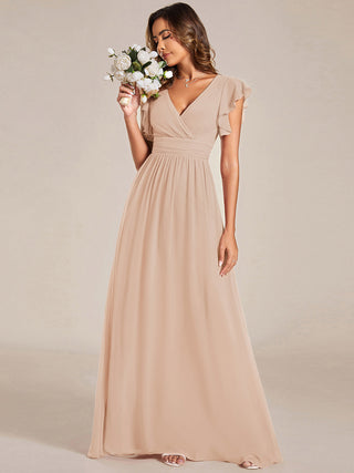 Short Sleeve Ruffle V-Neck Pleated Backless A-Line Floor Length Bridesmaid Dresses (New SKU ES01818)