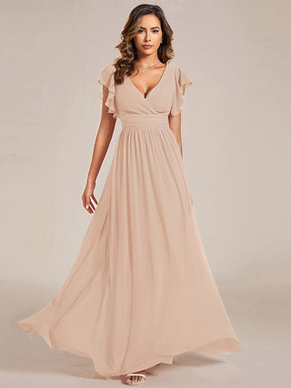 Short Sleeve Ruffle V-Neck Pleated Backless A-Line Floor Length Bridesmaid Dresses (New SKU ES01818)