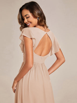 Short Sleeve Ruffle V-Neck Pleated Backless A-Line Floor Length Bridesmaid Dresses (New SKU ES01818)
