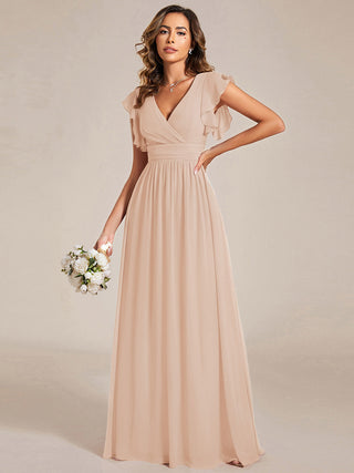 Short Sleeve Ruffle V-Neck Pleated Backless A-Line Floor Length Bridesmaid Dresses (New SKU ES01818)