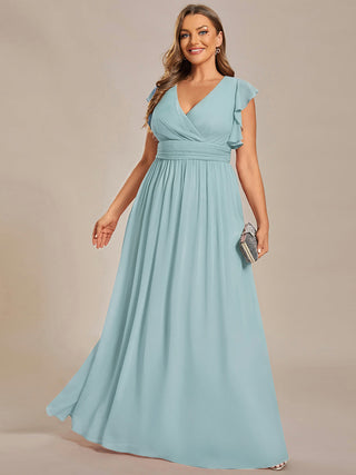 Short Sleeve Ruffle V-Neck Pleated Backless A-Line Floor Length Bridesmaid Dresses (New SKU ES01818)