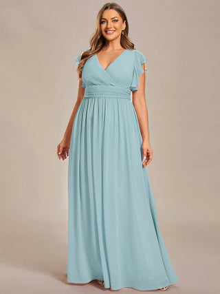 Short Sleeve Ruffle V-Neck Pleated Backless A-Line Floor Length Bridesmaid Dresses (New SKU ES01818)