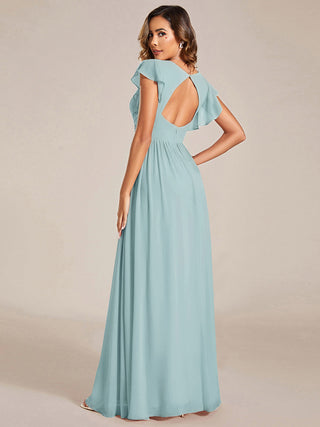 Short Sleeve Ruffle V-Neck Pleated Backless A-Line Floor Length Bridesmaid Dresses (New SKU ES01818)