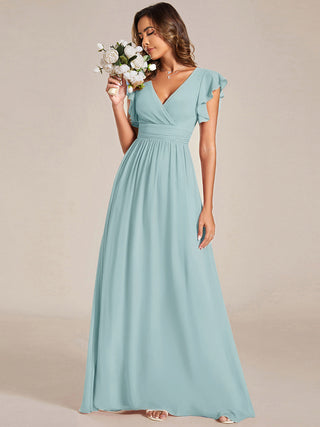 Short Sleeve Ruffle V-Neck Pleated Backless A-Line Floor Length Bridesmaid Dresses (New SKU ES01818)