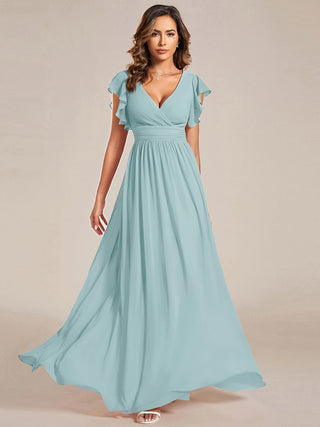 Short Sleeve Ruffle V-Neck Pleated Backless A-Line Floor Length Bridesmaid Dresses (New SKU ES01818)