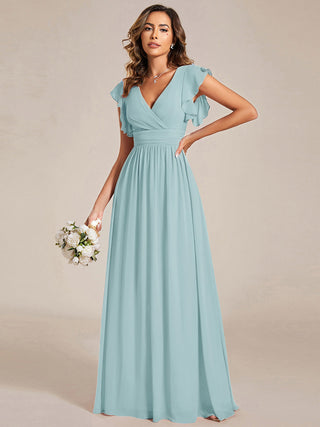 Short Sleeve Ruffle V-Neck Pleated Backless A-Line Floor Length Bridesmaid Dresses (New SKU ES01818)