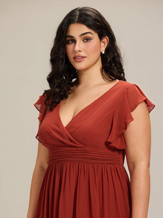 Plus V Neck Pleated Belted Ruffles Bridesmaid Dresses (New SKU ES01818)
