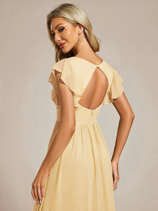 Short Sleeve Ruffle V-Neck Pleated Backless A-Line Floor Length Bridesmaid Dresses (New SKU ES01818)