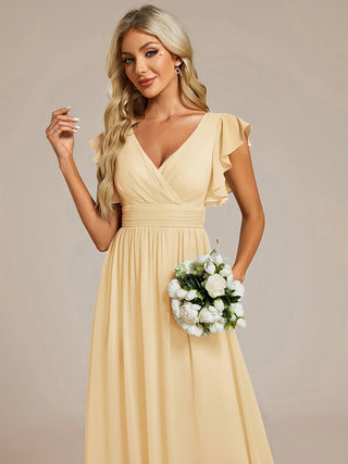 Short Sleeve Ruffle V-Neck Pleated Backless A-Line Floor Length Bridesmaid Dresses (New SKU ES01818)